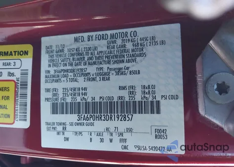 2013 Ford Fusion Se из США, поврежденный, VIN 3FA6P0HR3DR192857